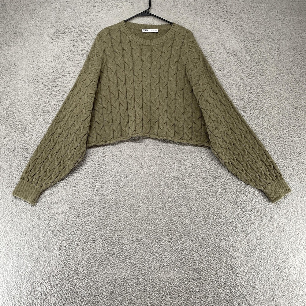 Zara Boxy Sweater Womens Large Green Cable Knit Cropped Balloon Sleeve Oversized